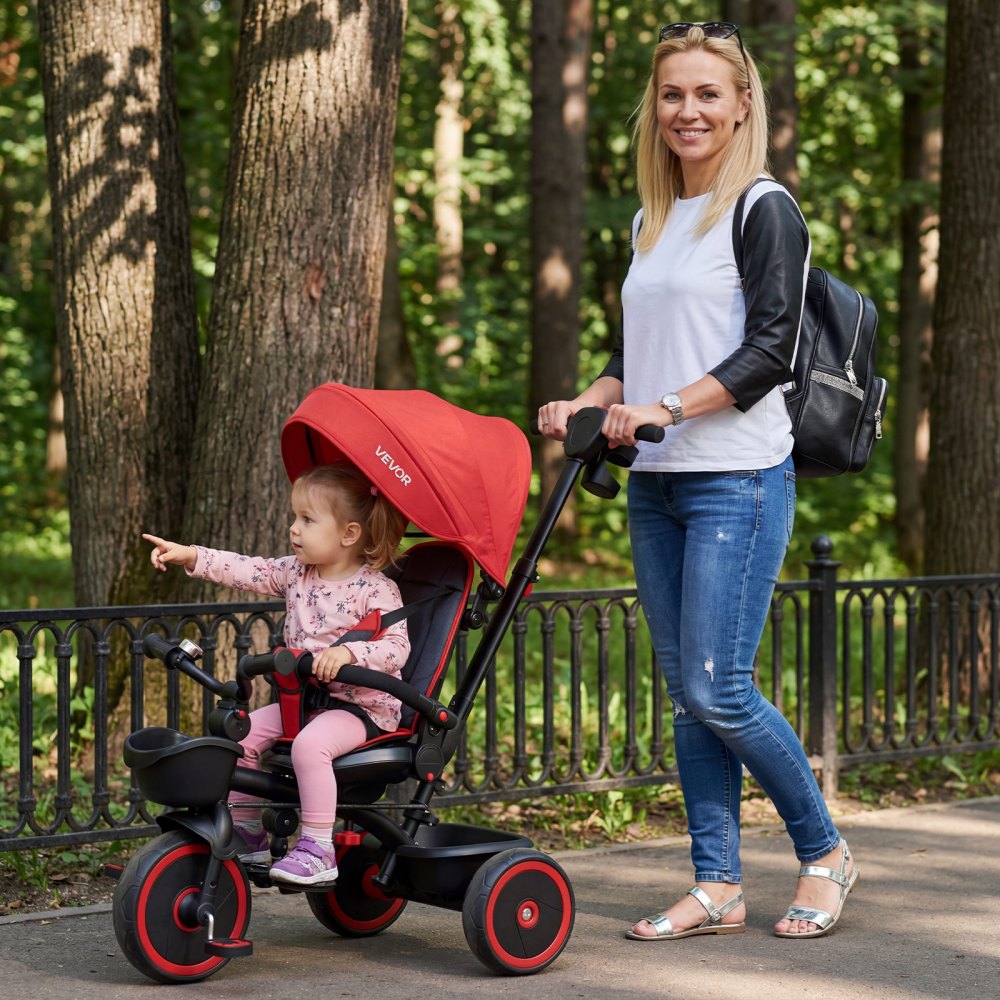 VEVOR Dreirad für Kinder von 1 bis 5 Jahren, Laufrad mit Schubstange, Klappbarem Verdeck, Verstellbarem Sitz und Aufbewahrungskorb, Kinderdreirad als Geschenk für Jungen und Mädchen, Rot+Schwarz