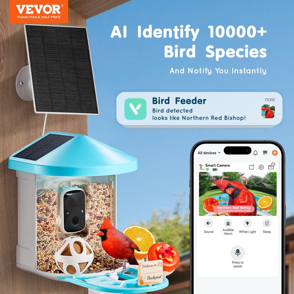 VEVOR Intelligenter Vogelfutterspender mit Kamera, 2K HD KI identifiziert über 10.000 Vogelarten, solarbetriebene Vogelbeobachtungskamera mit automatischer Aufnahme und sofortiger Benachrichtigung, kabelloses Outdoor-Geschenk für Vogelliebhaber (3 Solarmodule)
