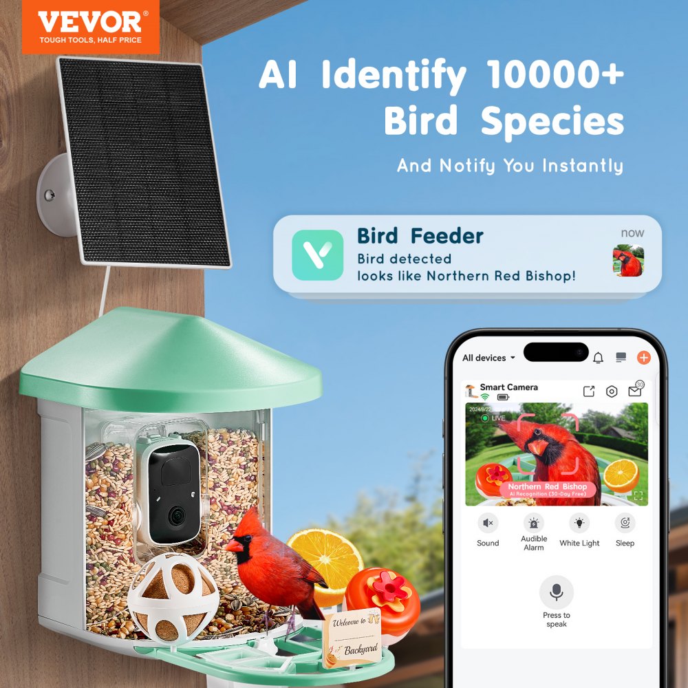 VEVOR Intelligenter Vogelfutterspender mit Kamera, 2K HD KI identifiziert über 10.000 Vogelarten, solarbetriebene Vogelbeobachtungskamera mit automatischer Aufnahme und sofortiger Benachrichtigung, kabelloses Outdoor-Geschenk für Vogelliebhaber (grün)