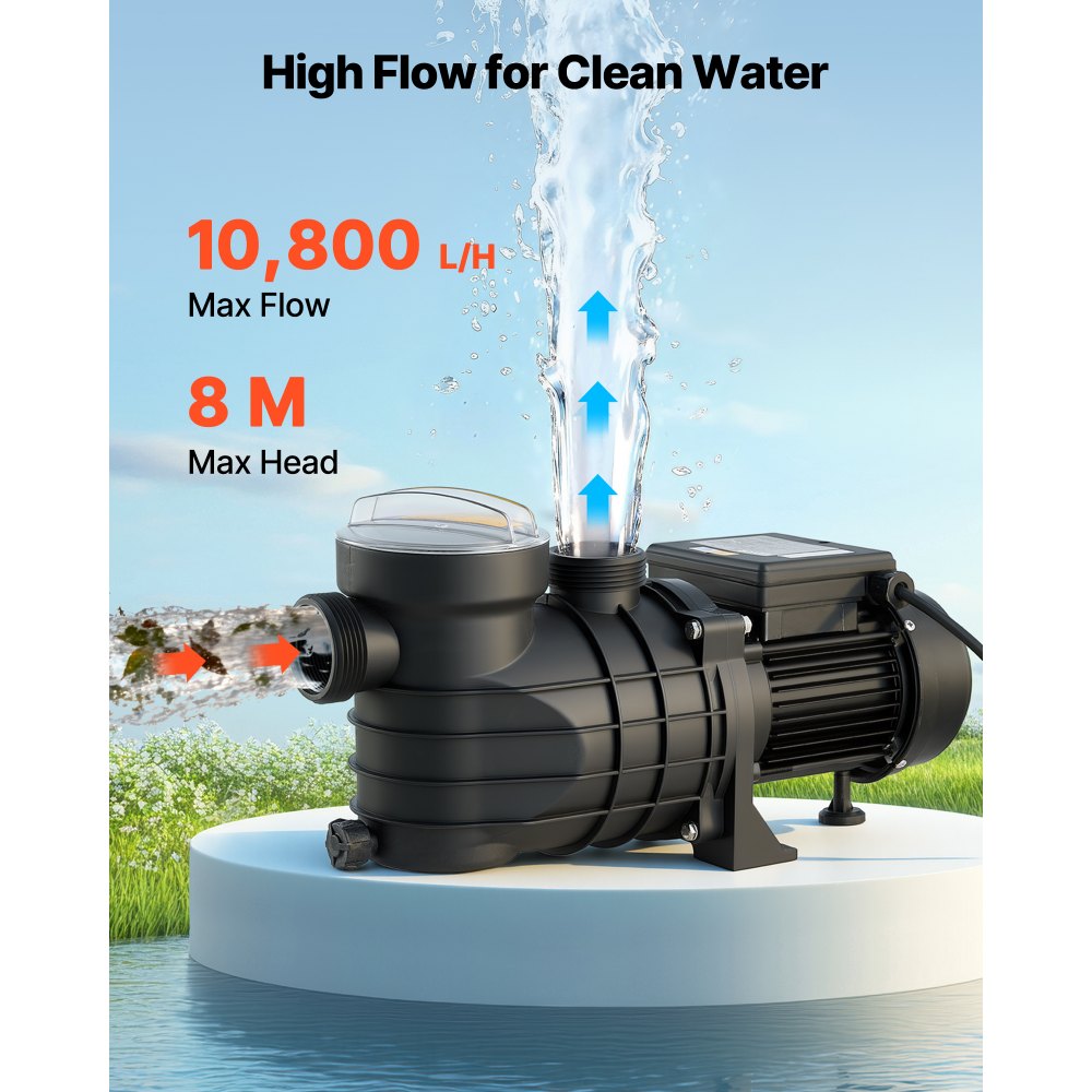 VEVOR Schwimmbadpumpe 180 W, Filterpumpe 10.800 L/H max. Fördermenge, Einstufige Poolpumpe, 2850 U/min, 8 m max. Förderhöhe, mit Filterkorb & Deckel, für Aufstellpools, Pools & Spas