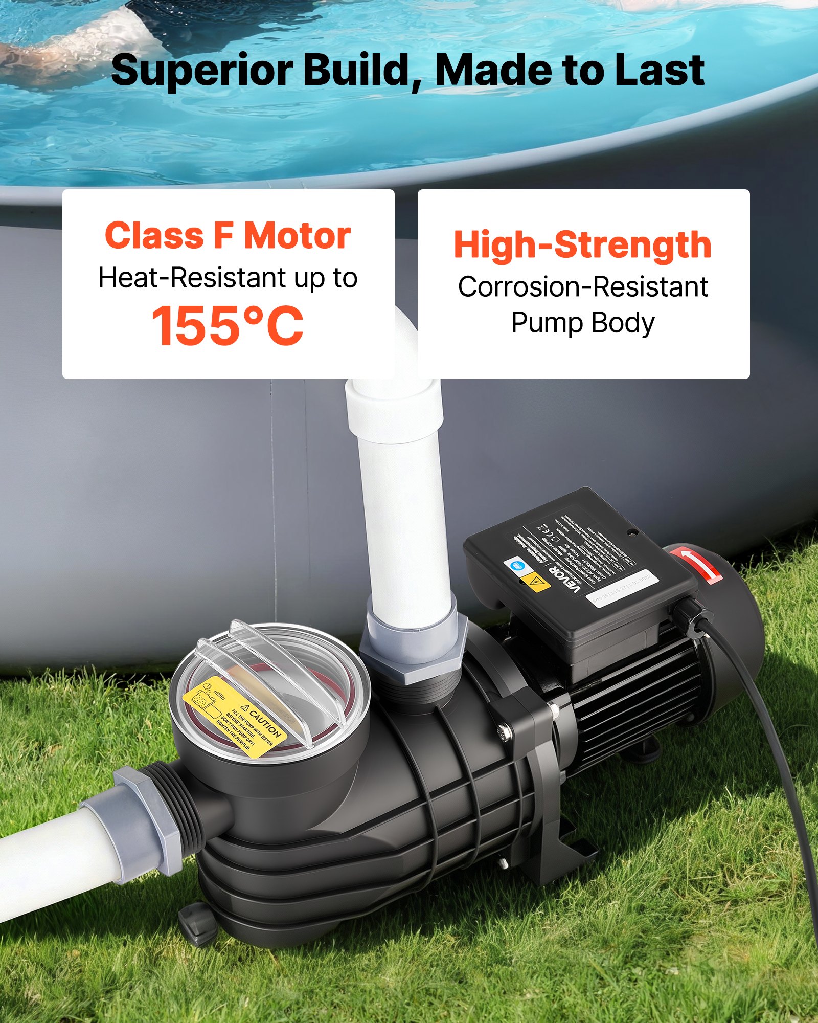 VEVOR Schwimmbadpumpe 180 W, Filterpumpe 10.800 L/H max. Fördermenge, Einstufige Poolpumpe, 2850 U/min, 8 m max. Förderhöhe, mit Filterkorb & Deckel, für Aufstellpools, Pools & Spas