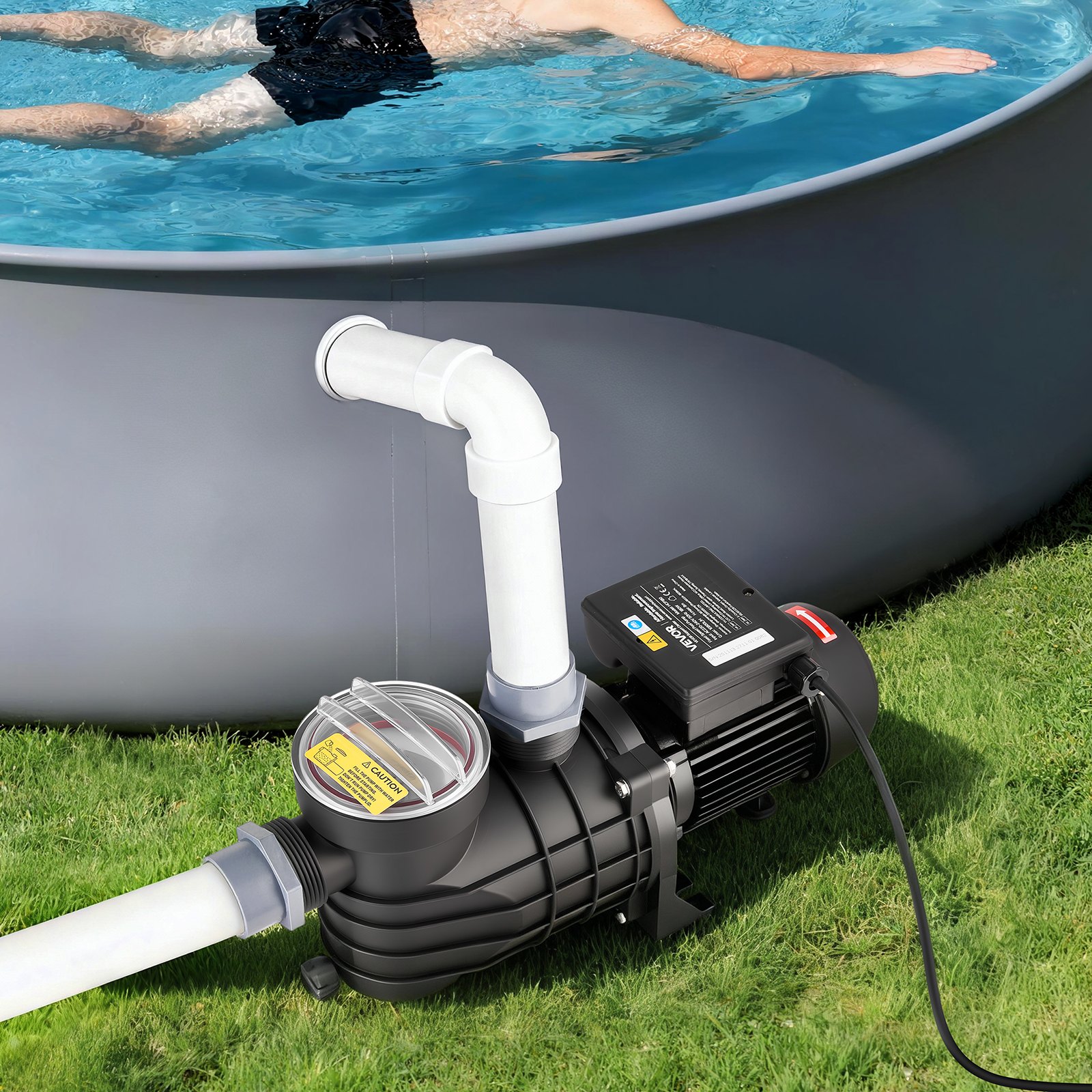 VEVOR Schwimmbadpumpe 180 W, Filterpumpe 10.800 L/H max. Fördermenge, Einstufige Poolpumpe, 2850 U/min, 8 m max. Förderhöhe, mit Filterkorb & Deckel, für Aufstellpools, Pools & Spas