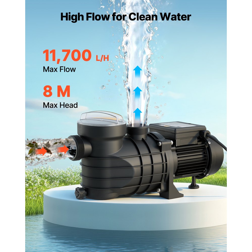 VEVOR Schwimmbadpumpe 250 W, Filterpumpe 11.700 L/H max. Fördermenge, Einstufige Poolpumpe, 2850 U/min, 8 m max. Förderhöhe, mit Filterkorb & Deckel, für Aufstellpools, Pools & Spas
