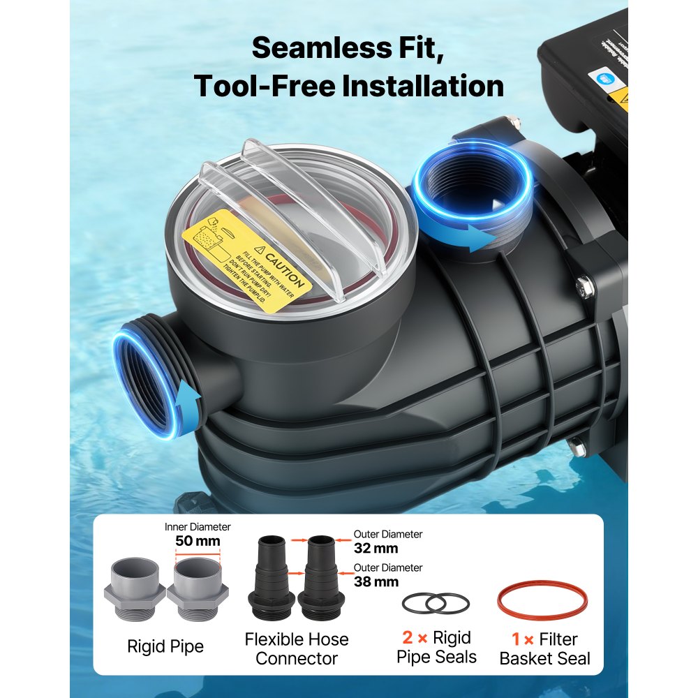 VEVOR Schwimmbadpumpe 250 W, Filterpumpe 11.700 L/H max. Fördermenge, Einstufige Poolpumpe, 2850 U/min, 8 m max. Förderhöhe, mit Filterkorb & Deckel, für Aufstellpools, Pools & Spas