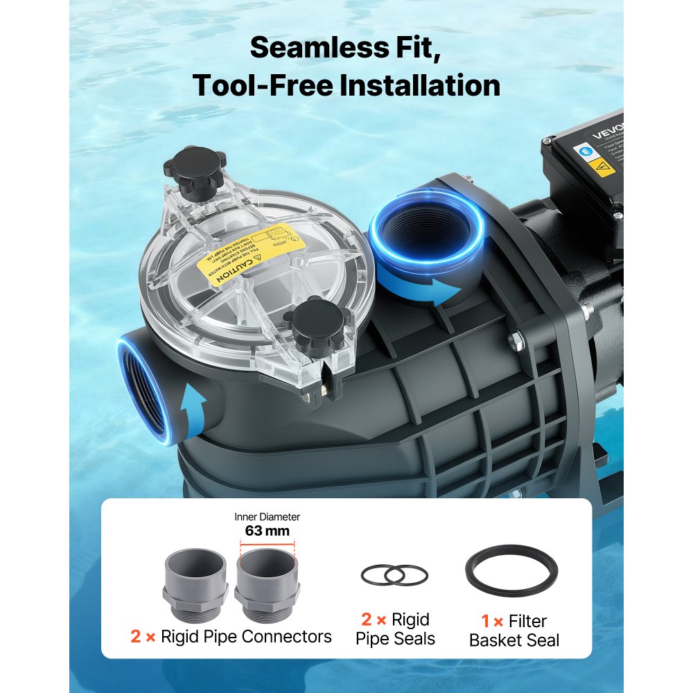 VEVOR Schwimmbadpumpe 3 kW, Filterpumpe 35.000 L/H max. Fördermenge, Einstufige Poolpumpe 2860 U/min, 19 m max. Förderhöhe, mit 24-Stunden-Timer & Filterkorb, für Aufstell- & Einbaupools, & Spas