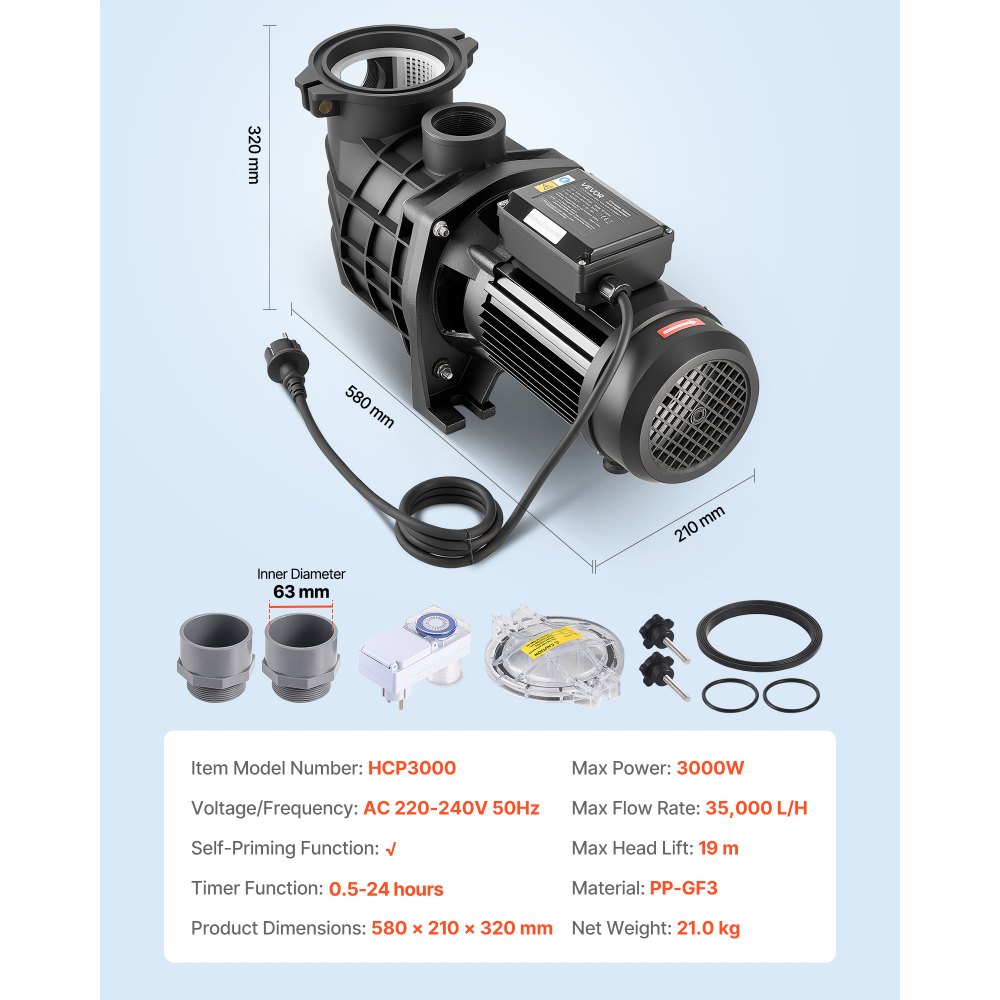 VEVOR Schwimmbadpumpe 3 kW, Filterpumpe 35.000 L/H max. Fördermenge, Einstufige Poolpumpe 2860 U/min, 19 m max. Förderhöhe, mit 24-Stunden-Timer & Filterkorb, für Aufstell- & Einbaupools, & Spas