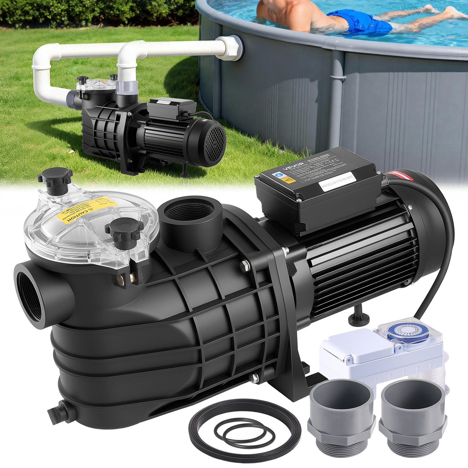 VEVOR Schwimmbadpumpe 3 kW, Filterpumpe 35.000 L/H max. Fördermenge, Einstufige Poolpumpe 2860 U/min, 19 m max. Förderhöhe, mit 24-Stunden-Timer & Filterkorb, für Aufstell- & Einbaupools, & Spas