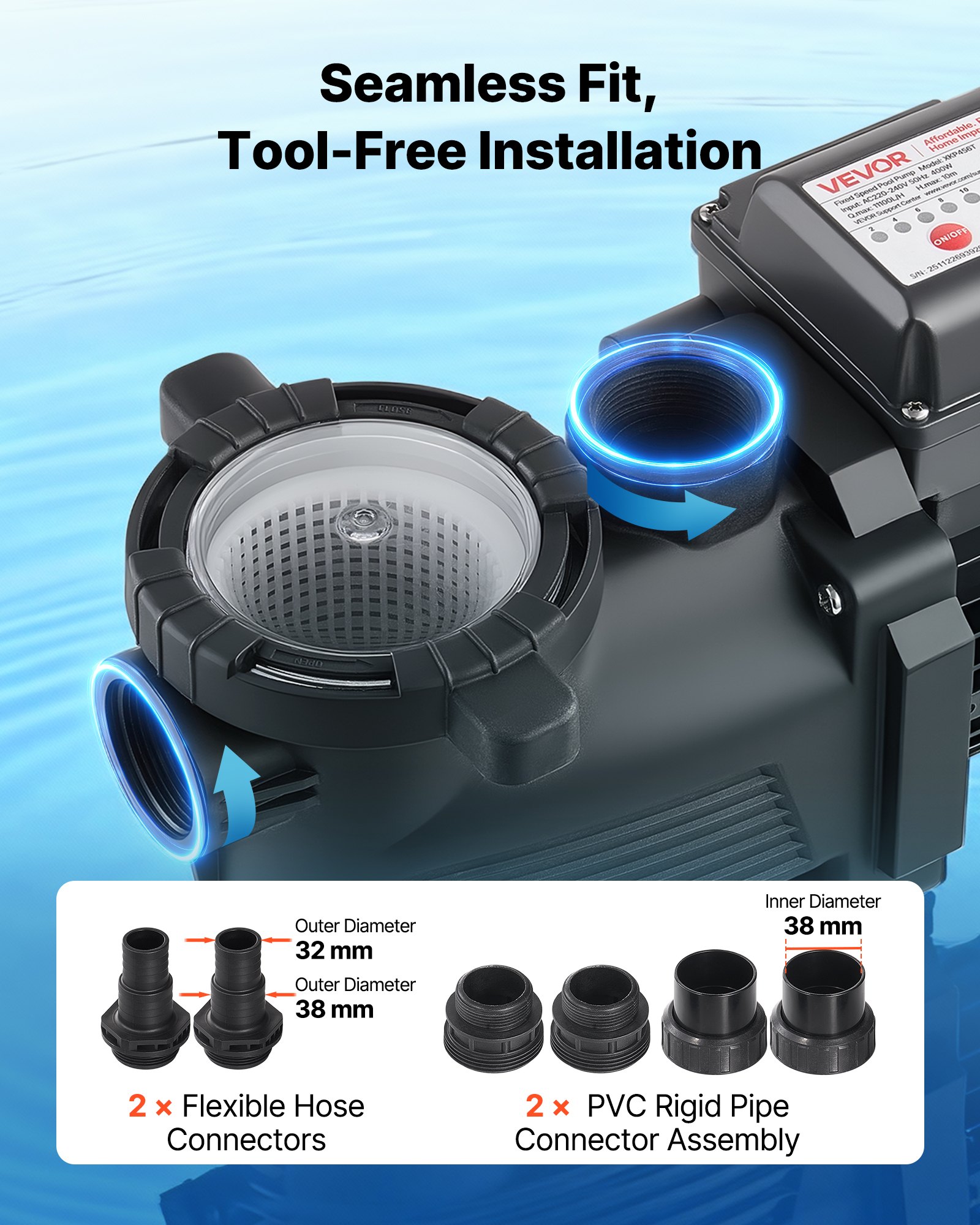 VEVOR Schwimmbadpumpe 400 W, Filterpumpe 11.100 L/H max. Fördermenge, Einstufige Poolpumpe, 3450 U/min, 10 m max. Förderhöhe, mit 24-Stunden-Timer & Filterkorb, für Aufstell- & Einbaupools, & Spas