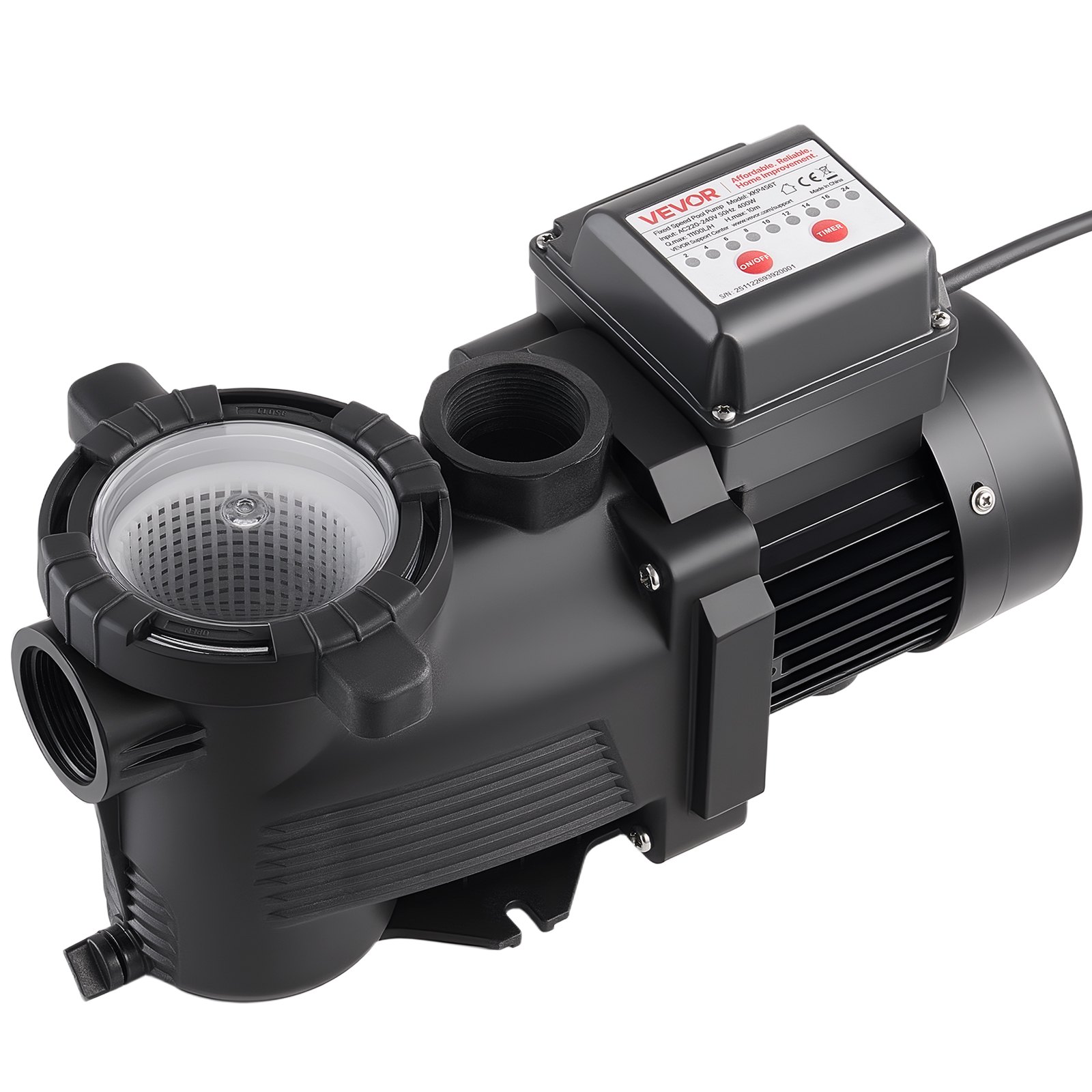 VEVOR Schwimmbadpumpe 400 W, Filterpumpe 11.100 L/H max. Fördermenge, Einstufige Poolpumpe, 3450 U/min, 10 m max. Förderhöhe, mit 24-Stunden-Timer & Filterkorb, für Aufstell- & Einbaupools, & Spas