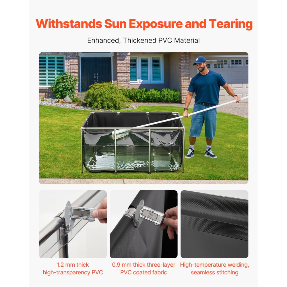 VEVOR Fischteich aus Segeltuch, 1023,3 L Zuchtwassertank, PVC-Koi-Tank mit transparentem Sichtfenster, Aquarium mit Edelstahlrahmen & Ablassventil, zur Zucht von Koi, Goldfisch (schwarz)