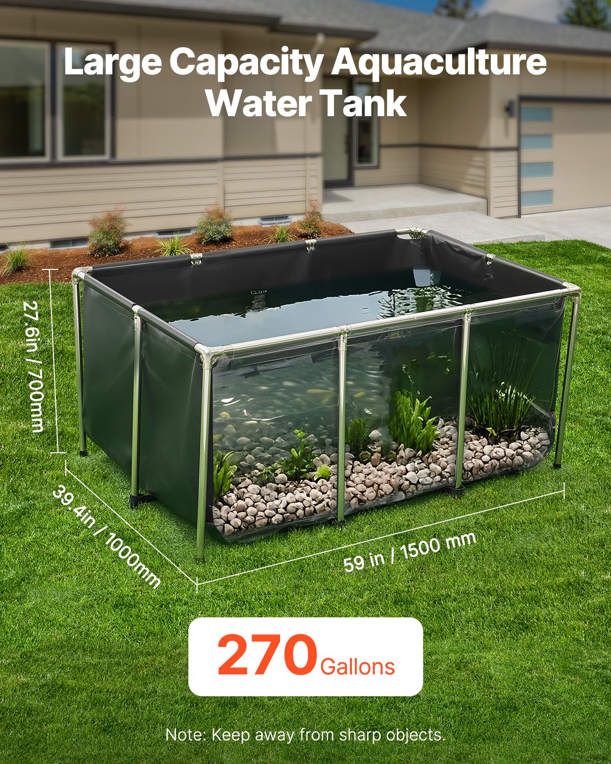 VEVOR Fischteich aus Segeltuch, 1023,3 L Zuchtwassertank, PVC-Koi-Tank mit transparentem Sichtfenster, Aquarium mit Edelstahlrahmen & Ablassventil, zur Zucht von Koi, Goldfisch (schwarz)