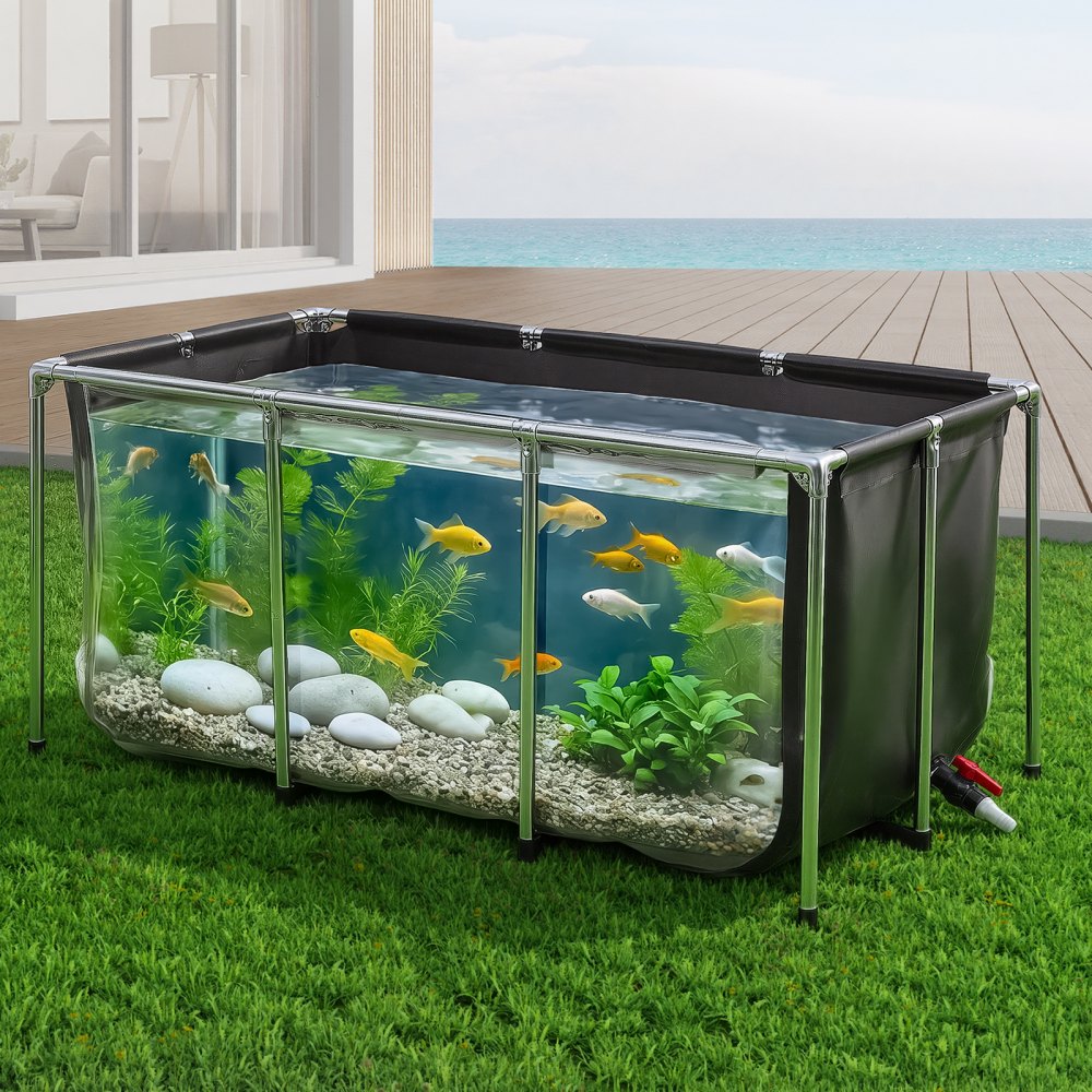 VEVOR Canvas Fischteich 757 L Aufstellfischteich Schwarzes PVC Koi-Becken, Rechteckiges Goldfischbecken mit Sichtfenster, Edelstahlrahmen & Ablassventil, zur Koi-Zucht und Bewässerung