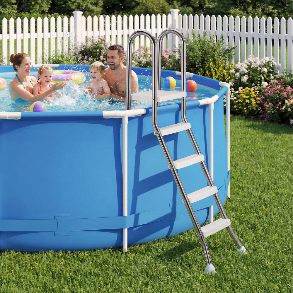 VEVOR Poolleiter Edelstahl 150 kg Tragkraft, Einstiegsleiter A-Rahmen, Sicherheitsleiter für Aufstellpools mit 125 cm Pooltiefe, Einstiegshilfe mit Rutschfesten 3 Stufen & Plattform, Silber