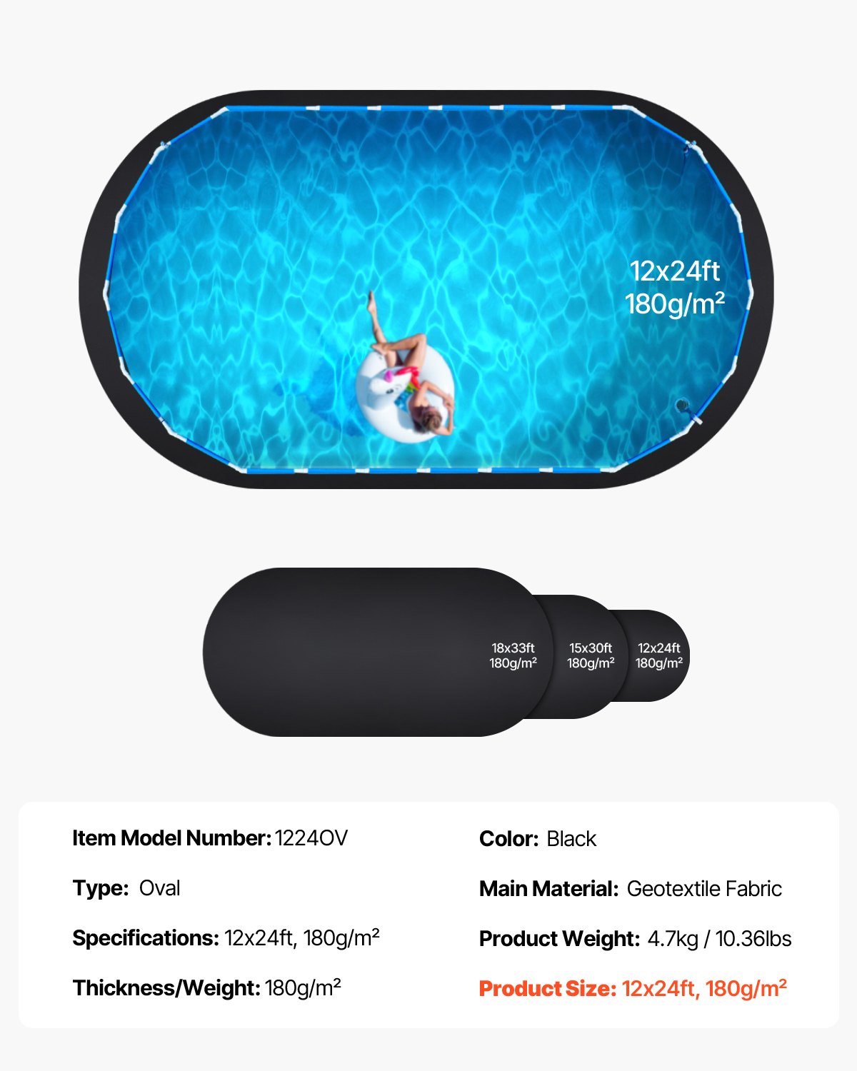 VEVOR Ovale Poolunterlage, 3,6x7,3 m, Bodenplane für oberirdische Schwimmbecken, extra dicke Bodenschutzplane, Poolmatte aus Geotextilmaterial, verlängert die Lebensdauer der Folie