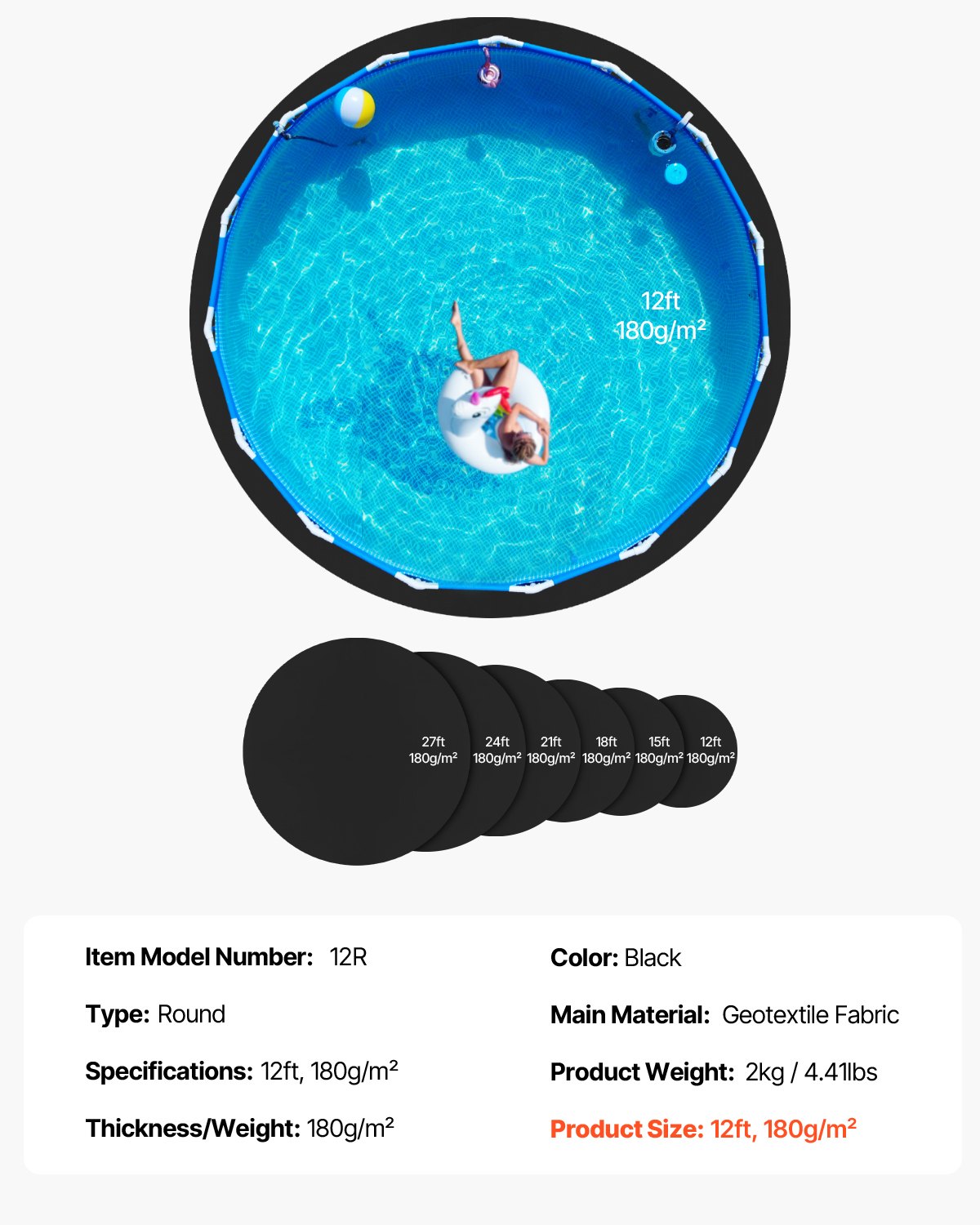 VEVOR Poolunterlage, 3,6 m, für oberirdische Schwimmbecken, extra dicke Bodenplane, verhindert Einstiche, Poolmatte aus Geotextilmaterial, verlängert die Lebensdauer der Folie, Bodenschutzplane