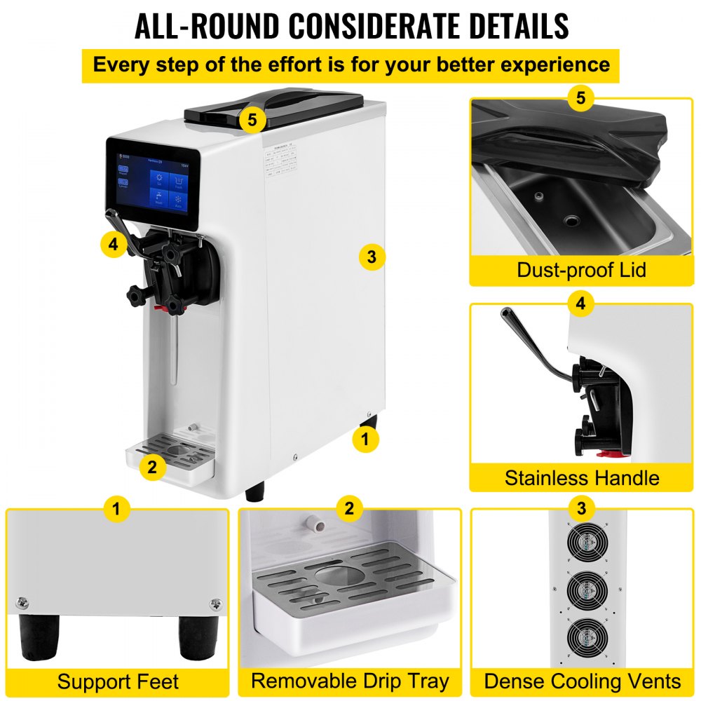 VEVOR Eiscrememaschine, 10-20 L/St. Produktion, Kommerzielle Softeismaschine mit Kompressor 430 W, 1000 W Speiseeisbereiter LCD-Bildschirm Reinigungsautomatik, Gastronomie Softeismaschine Desktop
