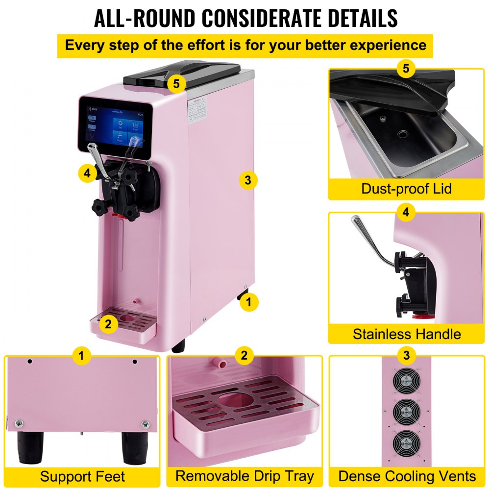 VEVOR Kommerzielle Softeismaschine, 10-20 L pro Stunde Produktion Rosa Speiseeisbereiter LCD-Bildschirm, 1000 W Eiscrememaschine mit 4,5 L Trichter, 550 x 210 x 680 mm Softeismaschine Desktop