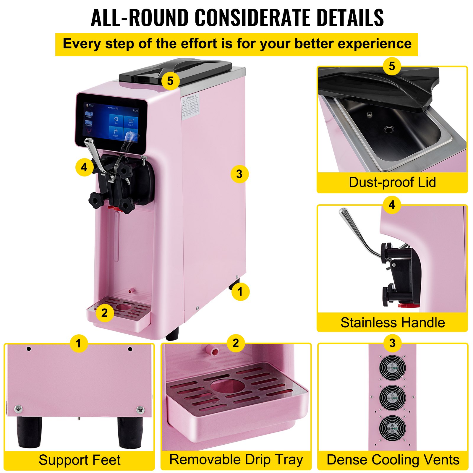 VEVOR Kommerzielle Softeismaschine, 10-20 L pro Stunde Produktion Rosa Speiseeisbereiter LCD-Bildschirm, 1000 W Eiscrememaschine mit 4,5 L Trichter, 550 x 210 x 680 mm Softeismaschine Desktop