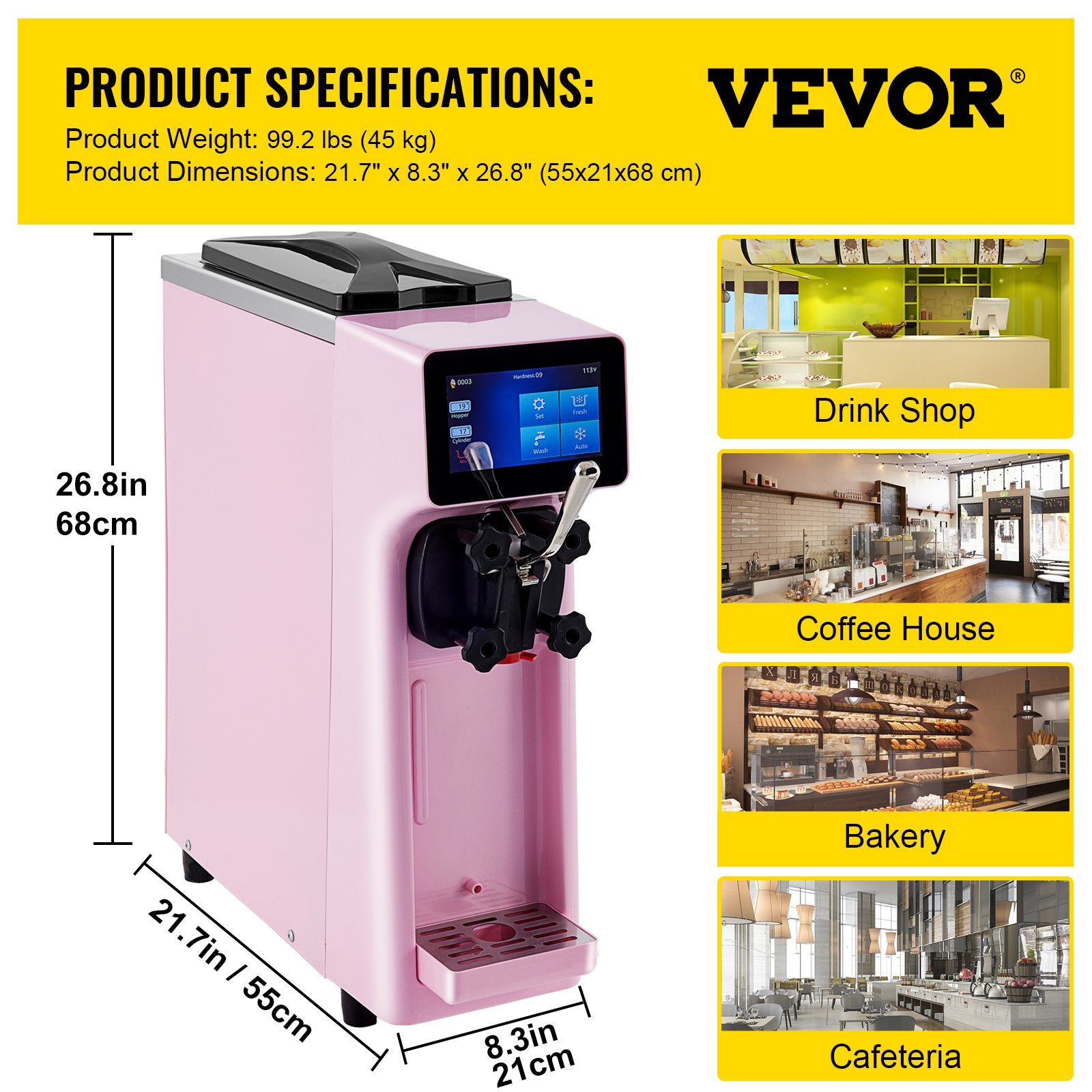 VEVOR Kommerzielle Softeismaschine, 10-20 L pro Stunde Produktion Rosa Speiseeisbereiter LCD-Bildschirm, 1000 W Eiscrememaschine mit 4,5 L Trichter, 550 x 210 x 680 mm Softeismaschine Desktop