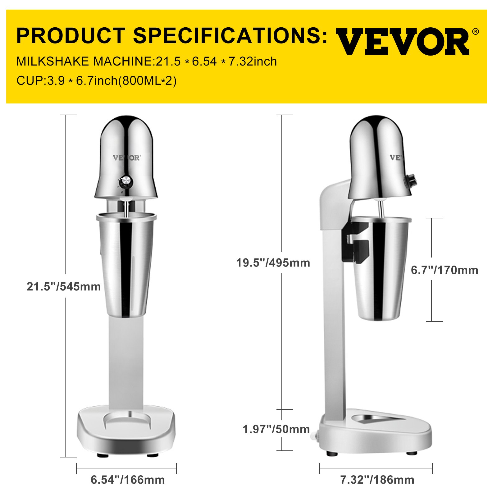 Vevor Mixer-getränkemixer Milchshaker 280w 800ml Edelstahl Becher Eiweiß Shaker