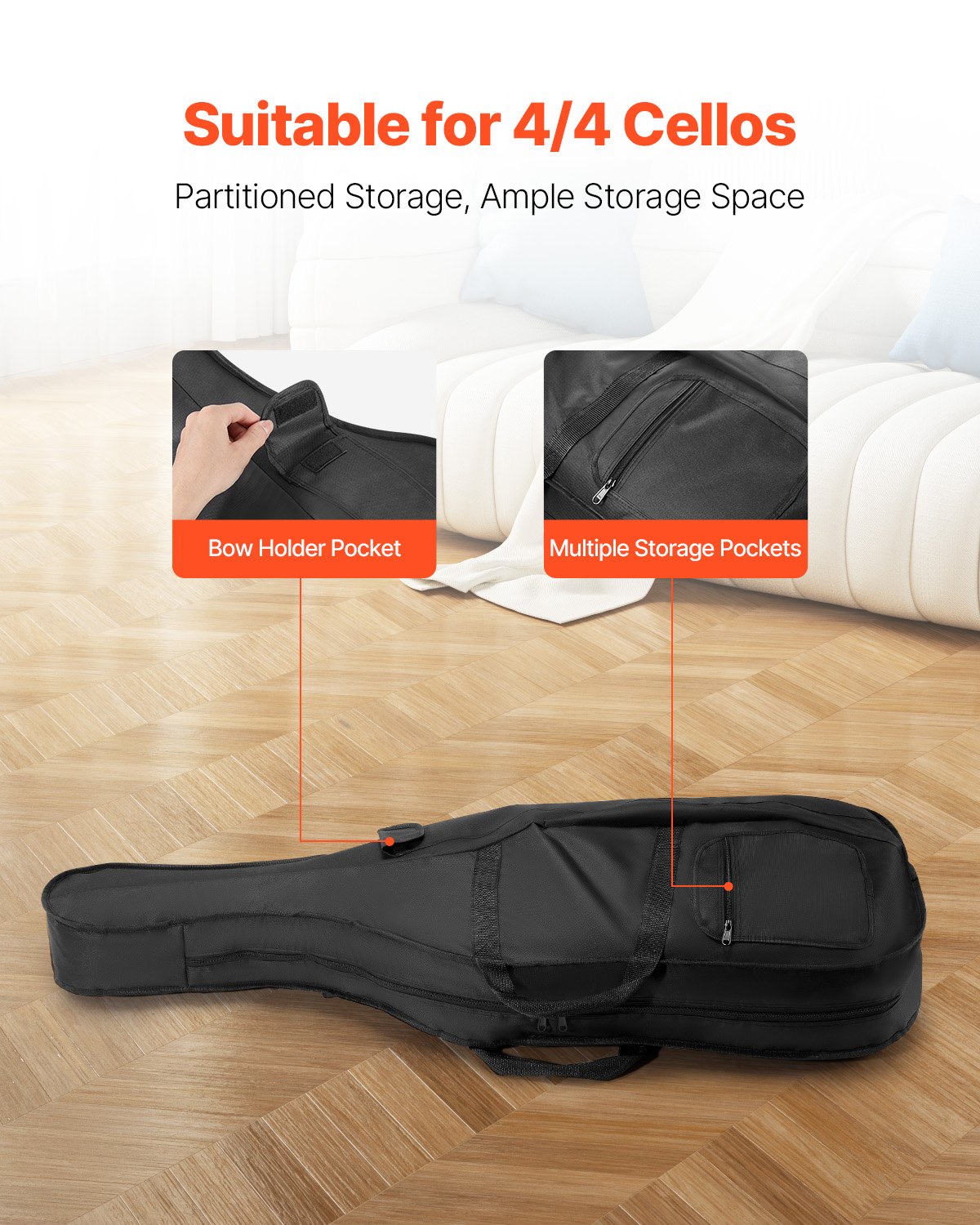 VEVOR 4/4 Full-Size Cello Case, Waterproof Nylon, Travel Carrying Bag, Cello Case, with Reinforced Handle, Two Shoulder Straps, Scratch-Resistant, Professional Cello Shape, for Cellos, Black