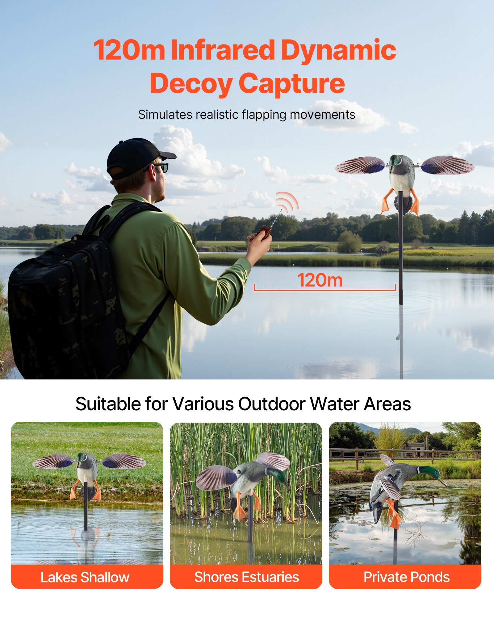 VEVOR Lockvögel mit sich drehenden Flügeln, schwimmende Ente für Pool Teich, realistische Lockvögel aus Kunststoff für die Jagd auf Enten, Gartendekoration, leicht zu tragen, 1er-Pack