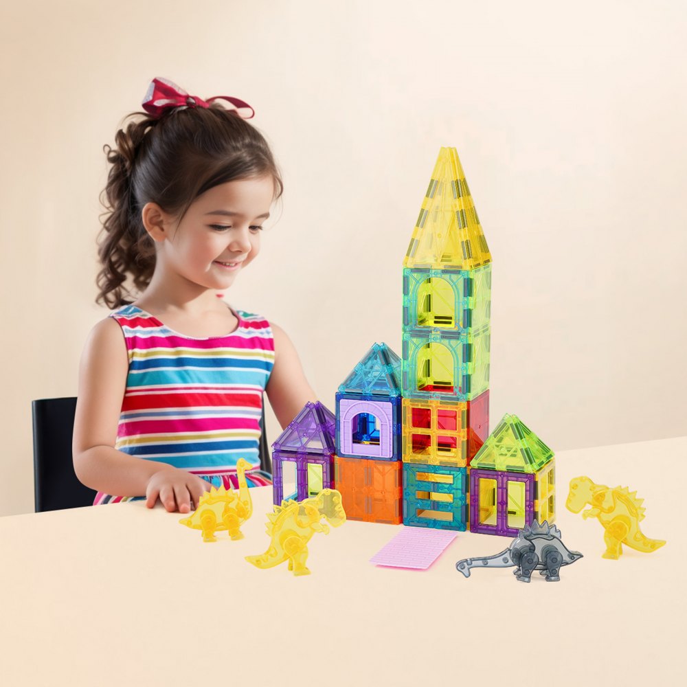 VEVOR Magnetische Bausteine, 56-teiliges magnetisches Tier-Bauset, Magnetspielzeug mit 4 Dinosauriern, STEM-Sensorik-Lernspielzeug, Konstruktions-Stapelspielzeug, Geschenk für Kinder ab 3 Jahren