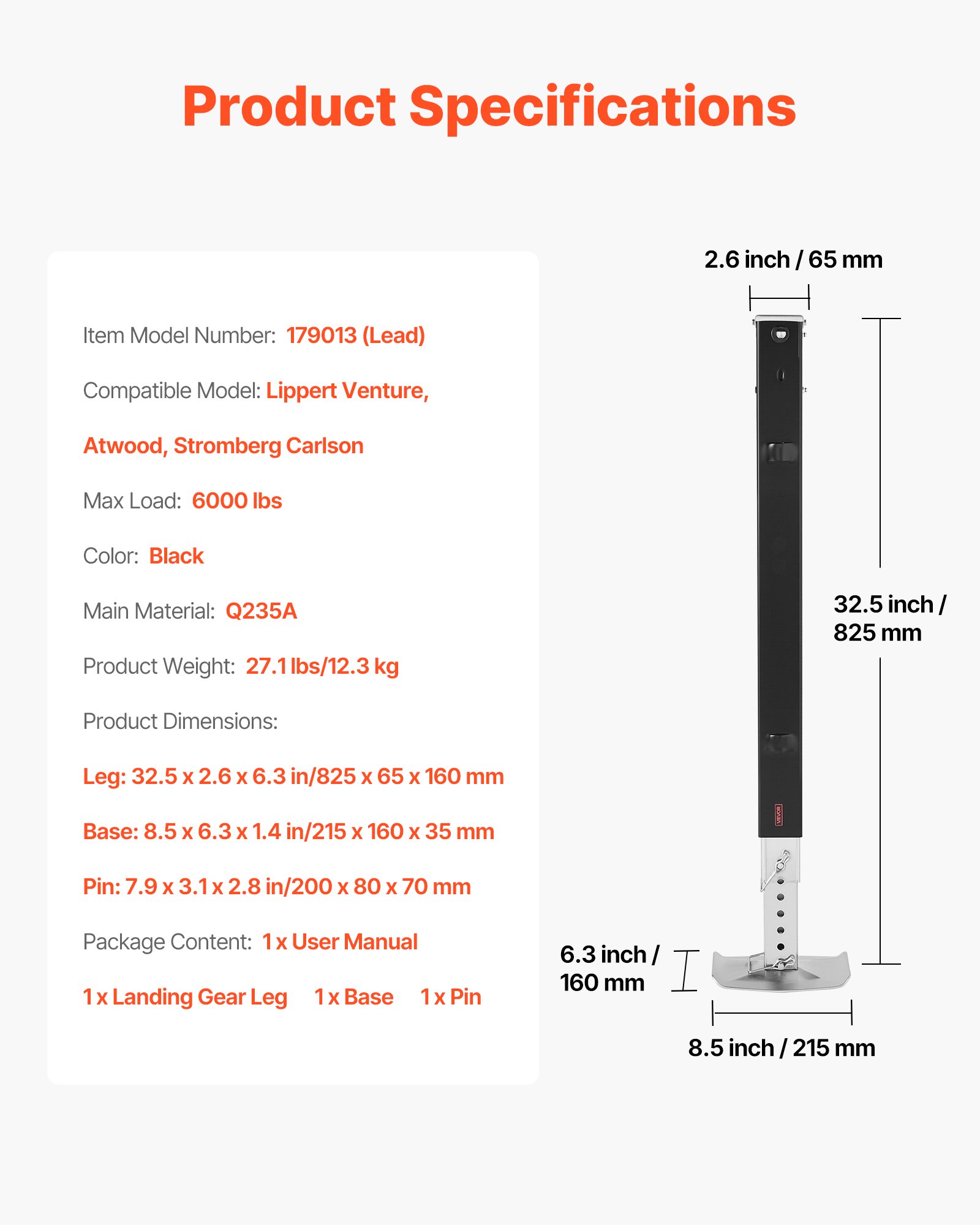 VEVOR RV Stützfuß Stütze für Sattelkupplung, 179013, 825 mm, universeller Ersatz für Sattelkupplung, kompatibel mit Lippert Venture Atwood Stromberg Carlson Systems, mit Stift und Sockel schwarz