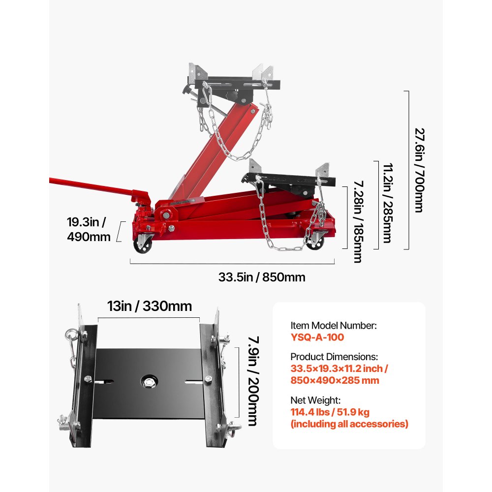 VEVOR Wagenheber mit niedrigem Profil 1 T, hydraulischer Rangierwagenheber mit 18,5–70 cm Hubhöhe & flexiblen 360°-Schwenkrädern, Hochleistungs-Hebebühne für Garage / Werkstatt Rot