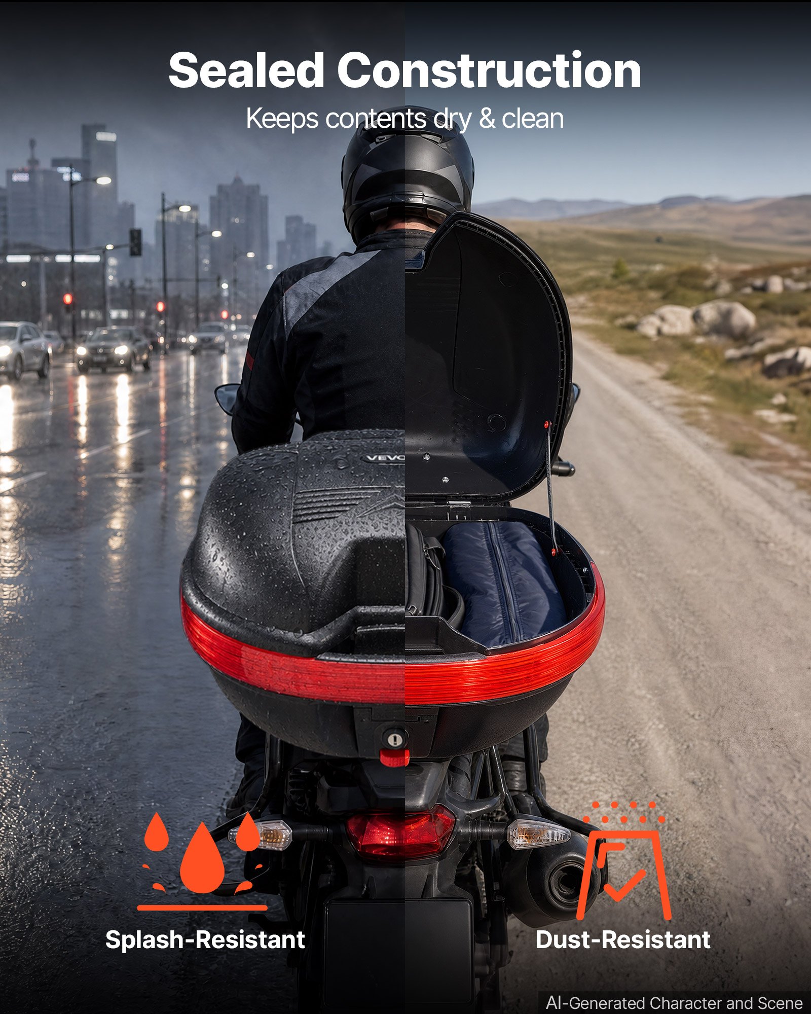 VEVOR Motorcycle Top Case 30L Universal Waterproof PP Motorcycle Tail Case, Detachable Motorbike Top Box with Security Lock & Backrest for Luggage Storage