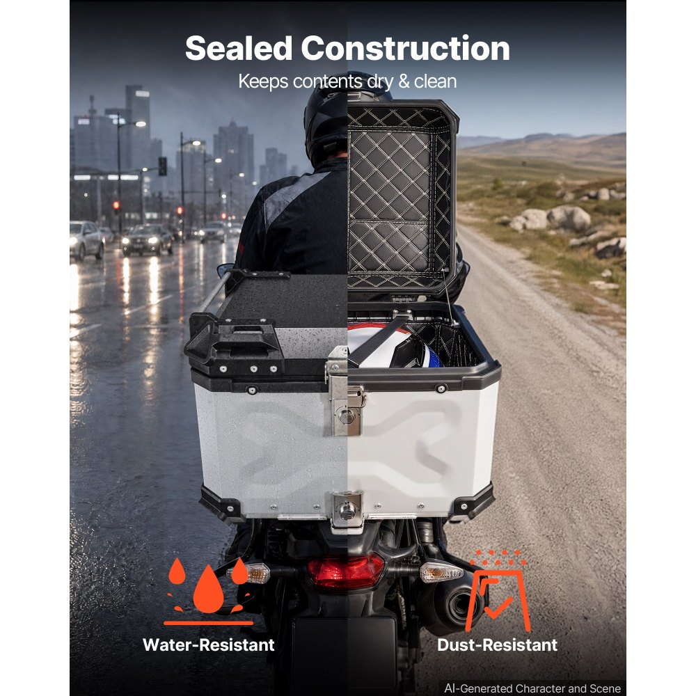 VEVOR Topcase Motorradkoffer 55 L, Universal-Heckkoffer Aluminium, Helmkoffer Wasserdicht, Abnehmbar, mit Sicherheitsschloss, Reflexstreifen, Hartschalen und Lederfutter zur Helmaufbewahrung