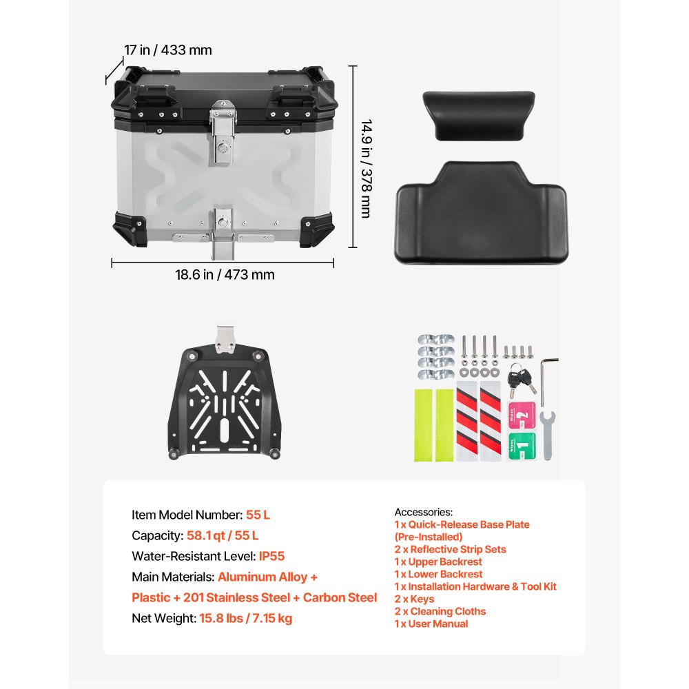 VEVOR Topcase Motorradkoffer 55 L, Universal-Heckkoffer Aluminium, Helmkoffer Wasserdicht, Abnehmbar, mit Sicherheitsschloss, Reflexstreifen, Hartschalen und Lederfutter zur Helmaufbewahrung
