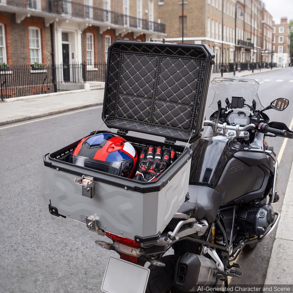 VEVOR Topcase Motorradkoffer 55 L, Universal-Heckkoffer Aluminium, Helmkoffer Wasserdicht, Abnehmbar, mit Sicherheitsschloss, Reflexstreifen, Hartschalen und Lederfutter zur Helmaufbewahrung