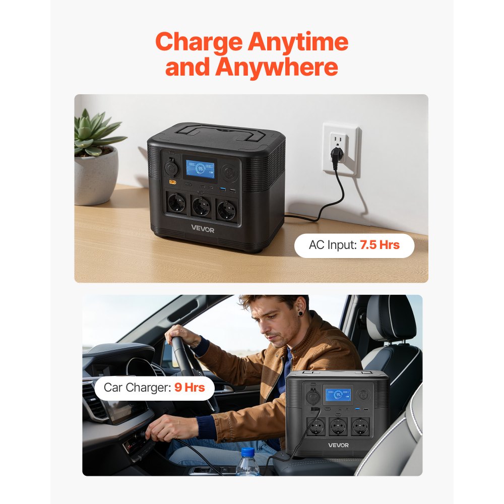 VEVOR Tragbare Powerstation, 1800W Solargenerator, 1008Wh LiFePO4-Akku-Backup mit 8 Ausgängen für Notfälle zu Hause, Camping im Freien, Wohnmobilreisen (Solarpanel NICHT Enthalten)