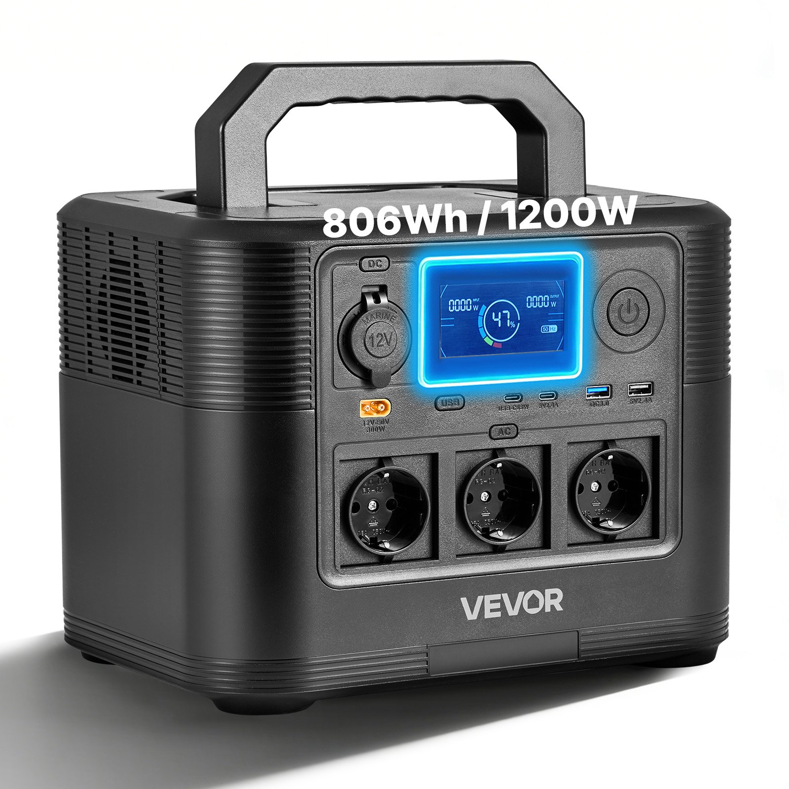 VEVOR Tragbare Powerstation, 1200W Solargenerator, 806Wh LiFePO4-Akku-Backup mit 9 Ausgängen für Notfälle zu Hause, Camping im Freien, Wohnmobilreisen (Solarpanel NICHT Enthalten)