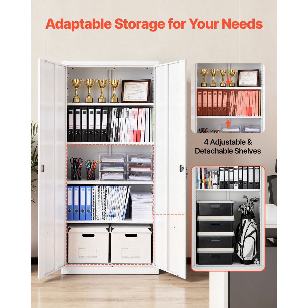 VEVOR Metal Storage Cabinet, 175 cm Lockable Steel Garage Cabinet with 4 Adjustable Shelves, 2 Magnetic Doors, 2 Keys, 5 Tiers Tool Storage for Pantry, Warehouse, Basement, Laundry, Office, White