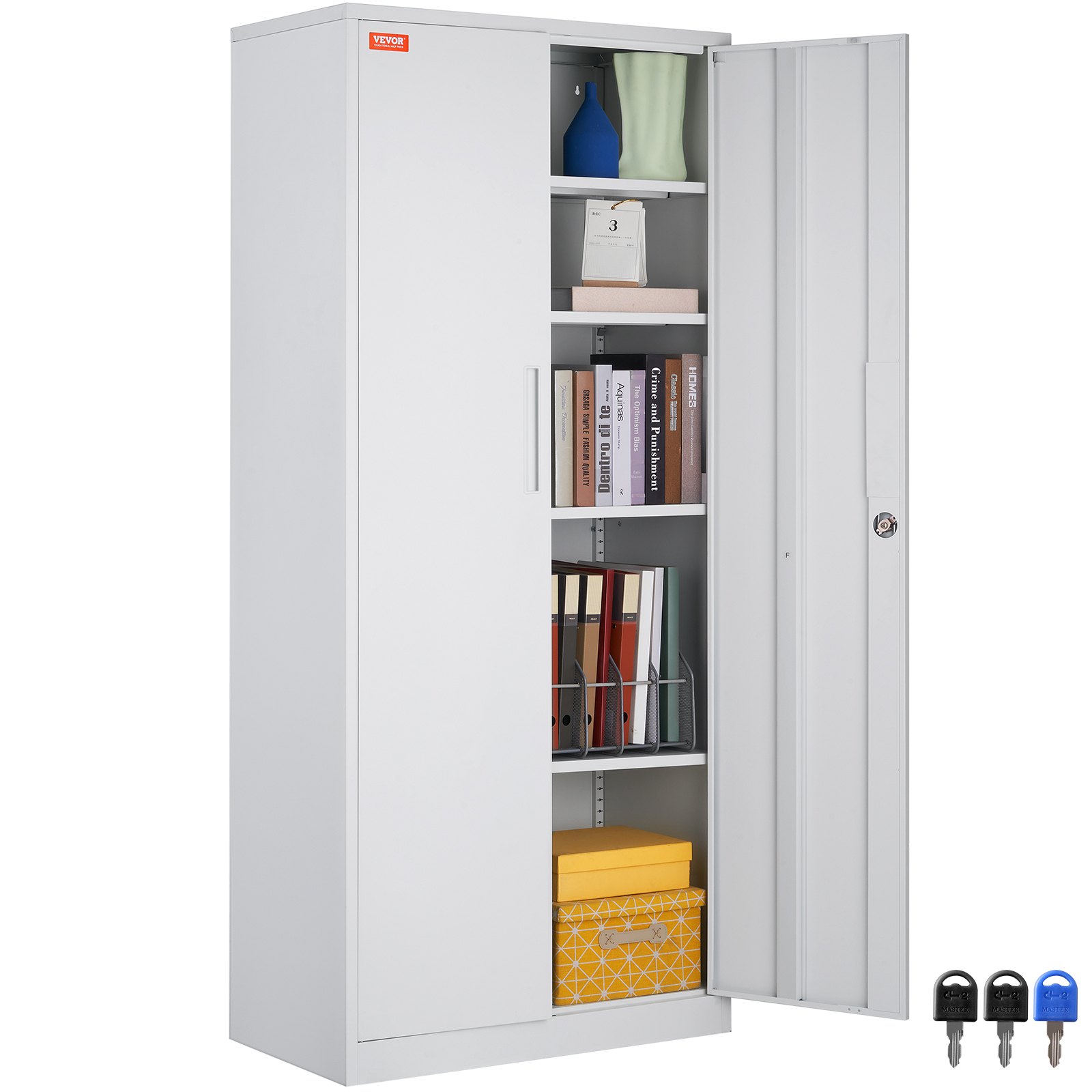 VEVOR 5-Stockiger Aktenschrank Beistellcontainer mit 2 Magnetischen Türen, 90,72 kg Belastbar pro Regal, Abschließbarer Lagerschrank, Metallschrank Bürokommode, für Büro, Zuhause usw. Weiß