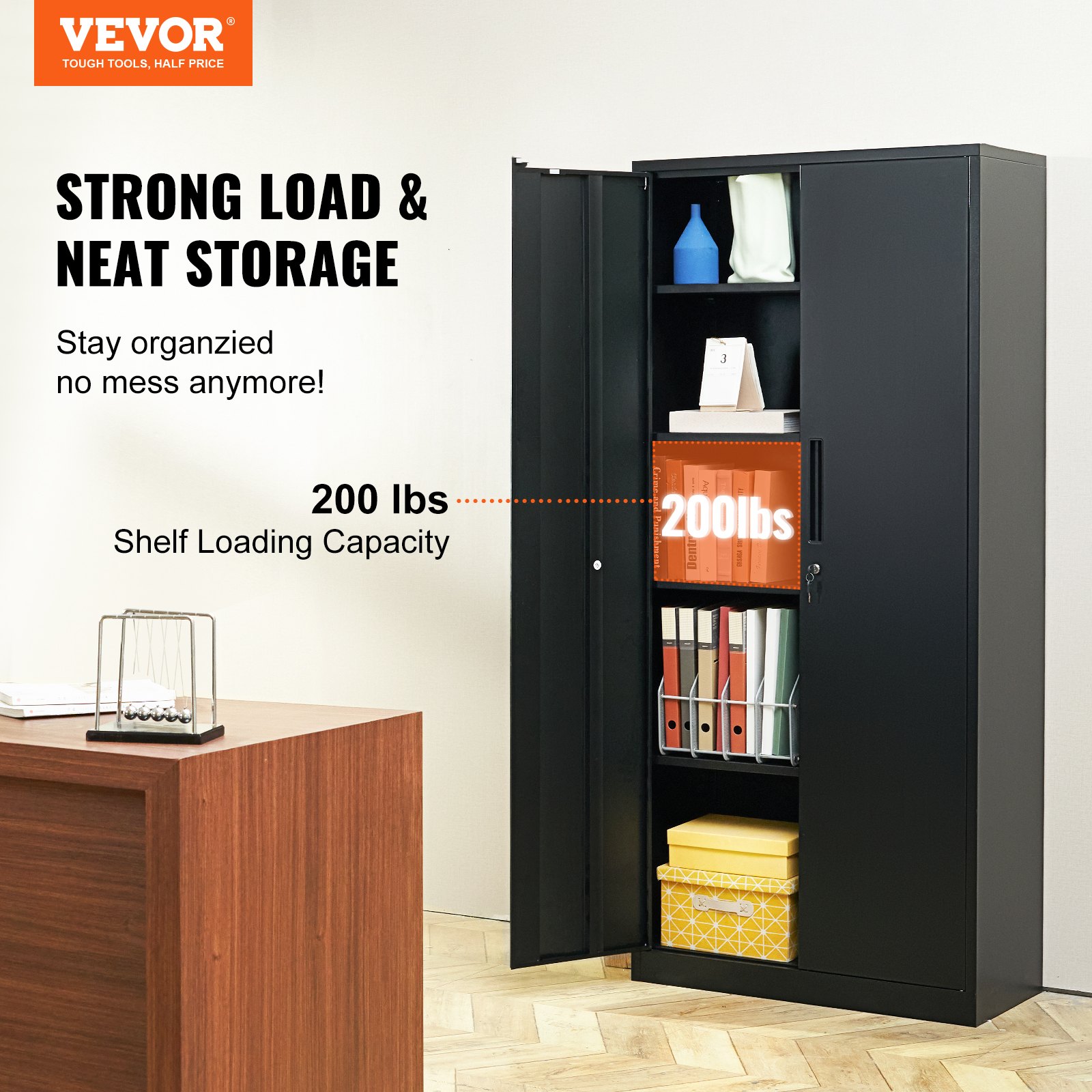 VEVOR 5-Tier Filing Cabinet Side Unit with 2 Magnetic Doors, 90.72 kg Load Capacity per Shelf, Lockable Storage Cabinet, Metal Cabinet Office Chest, for Office, Home, etc. Black