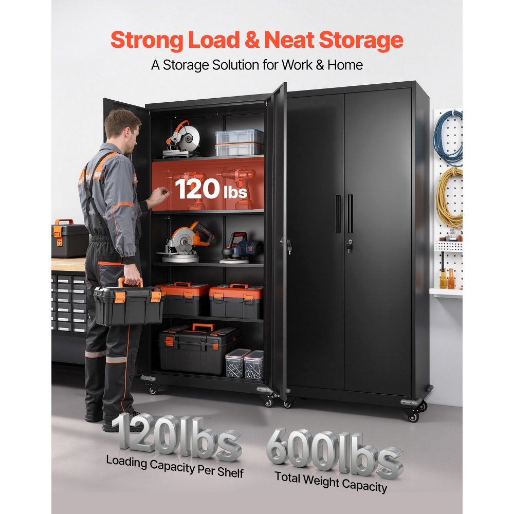 VEVOR Metal Storage Cabinet, 184.5 cm Rolling Steel Garage Cabinet with 4 Adjustable Shelves, 2 Magnetic Doors & 2 Keys, 5 Tiers Lockable Tool Storage for Pantry, Warehouse, Basement, Office, Black