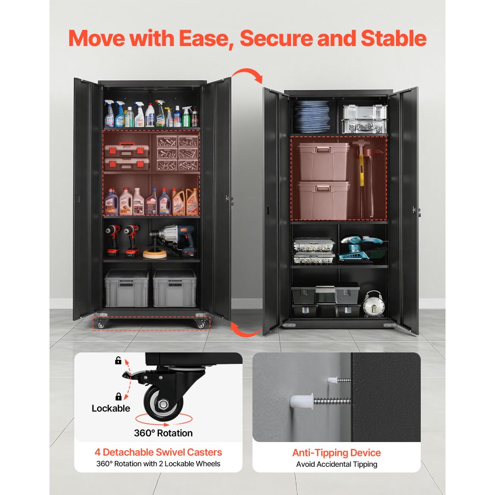 VEVOR Metal Storage Cabinet, 184.5 cm Rolling Steel Garage Cabinet with 4 Adjustable Shelves, 2 Magnetic Doors & 2 Keys, 5 Tiers Lockable Tool Storage for Pantry, Warehouse, Basement, Office, Black