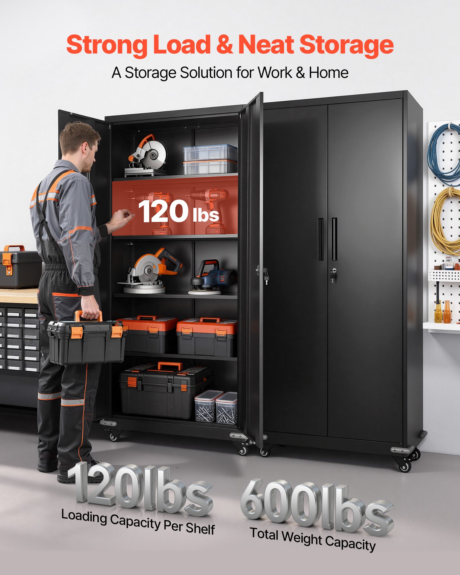 VEVOR Metal Storage Cabinet, 184.5 cm Rolling Steel Garage Cabinet with 4 Adjustable Shelves, 2 Magnetic Doors & 2 Keys, 5 Tiers Lockable Tool Storage for Pantry, Warehouse, Basement, Office, Black