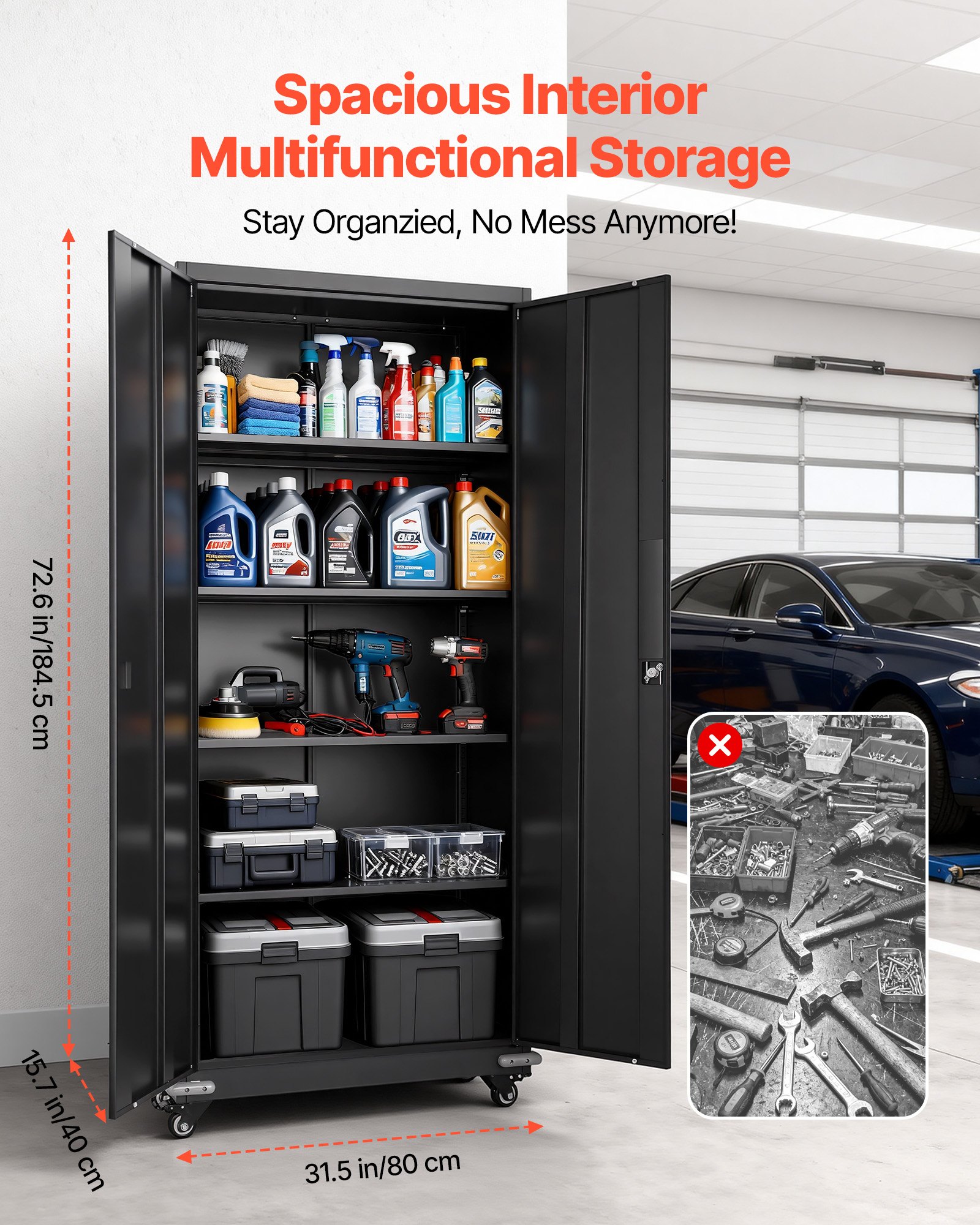 VEVOR Metal Storage Cabinet, 184.5 cm Rolling Steel Garage Cabinet with 4 Adjustable Shelves, 2 Magnetic Doors & 2 Keys, 5 Tiers Lockable Tool Storage for Pantry, Warehouse, Basement, Office, Black