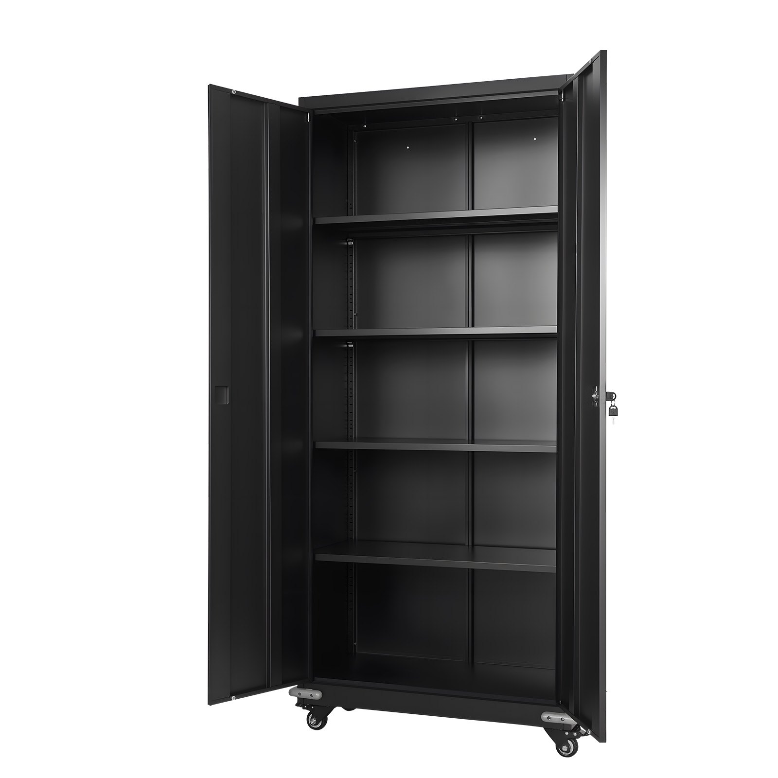 VEVOR Metal Storage Cabinet, 184.5 cm Rolling Steel Garage Cabinet with 4 Adjustable Shelves, 2 Magnetic Doors & 2 Keys, 5 Tiers Lockable Tool Storage for Pantry, Warehouse, Basement, Office, Black