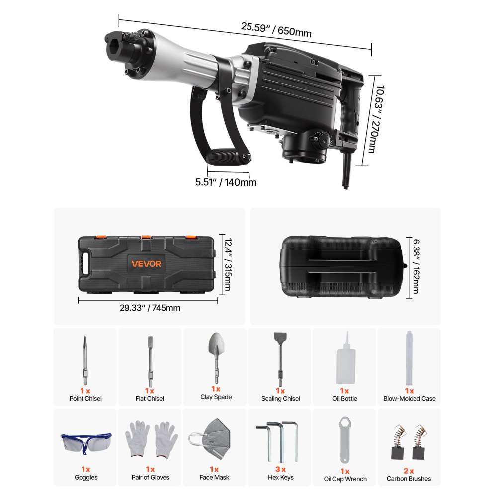 VEVOR Demolition Jack Hammer, 2800 W Powerful Electric Jackhammer, 1200 BPM Concrete Breaker with 3 Chisels, a Clay Spade, Carrying Case, Gloves, for Concrete, Wall, Brick, Tile and Foundation