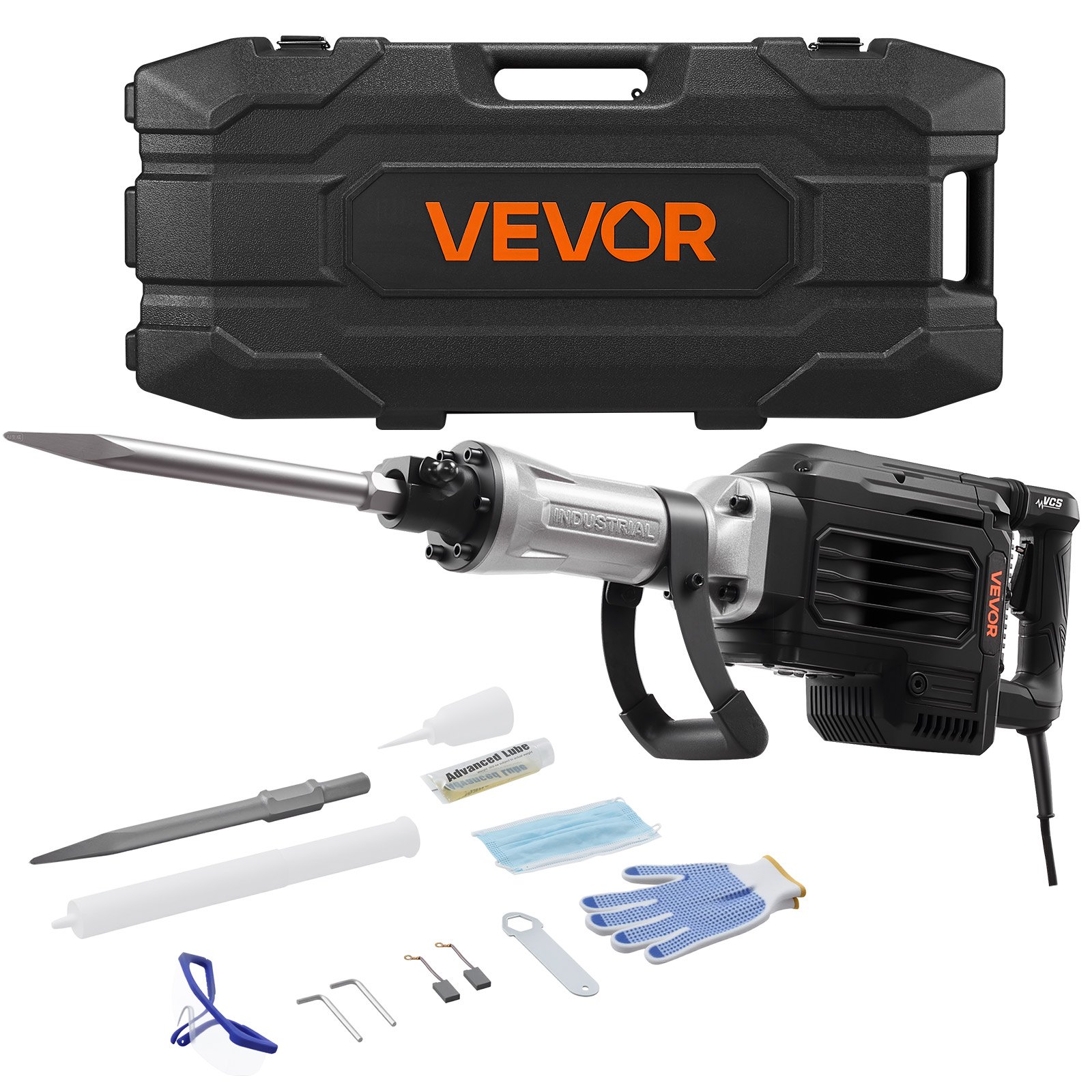 VEVOR Abbruchhammer 3000 W elektrischer Betonhammer, 1700 BPM Presslufthammer mit Spitzmeißel & Tragekoffer & Handschuhe & Schutzbrille, für Beton Wände Ziegel Fliesen Fundamente Schwarz