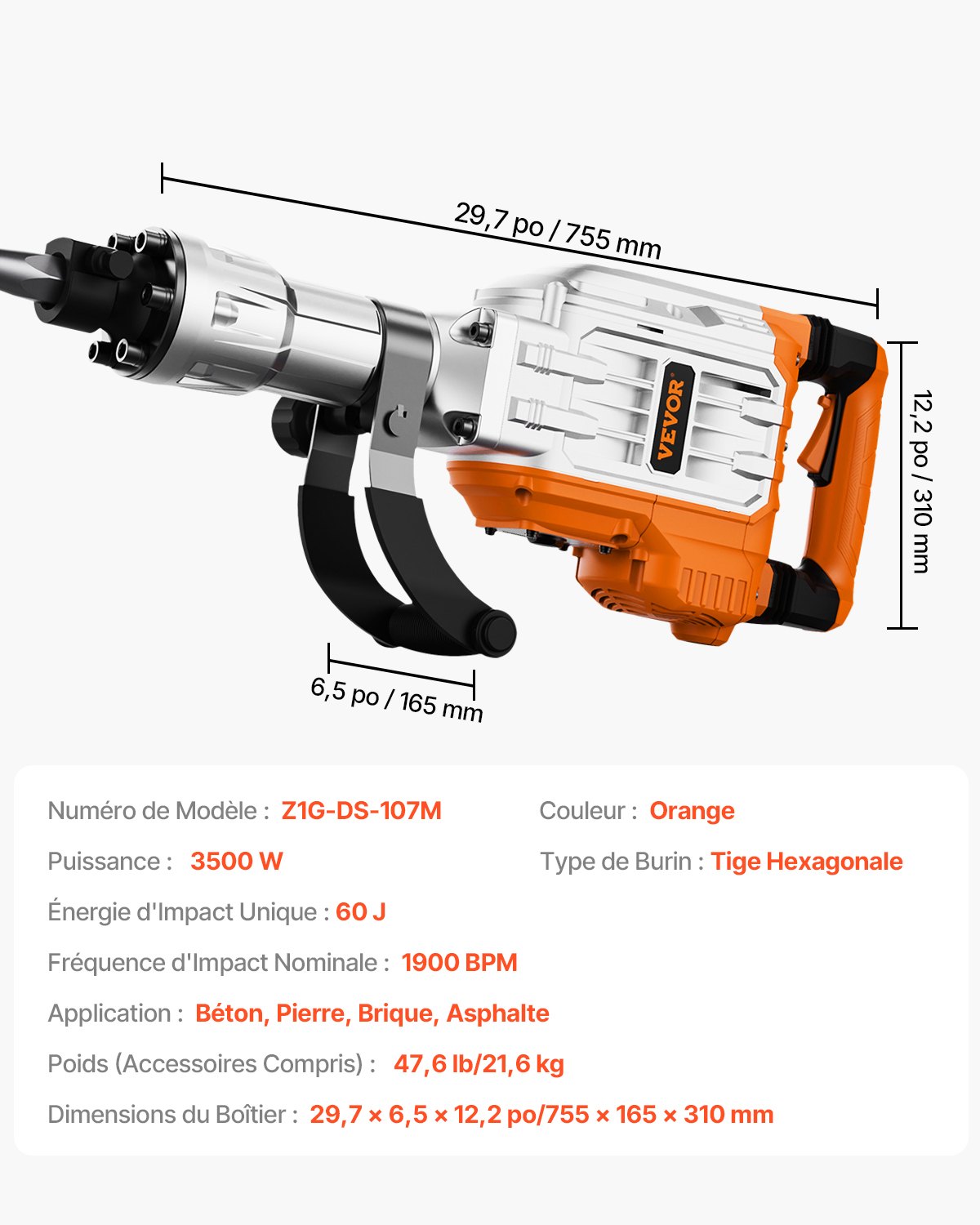 VEVOR Hochleistungs-Betonbrecher Abbruchhammer 3500 W, 60 J Schlagkraft Elektroabbruchhammer, Bohrhammer Betonhammer Stemmhammer 1900 BPM, inkl. Spitzmeißel, Flachmeißel, für Schiefer, Beton usw.