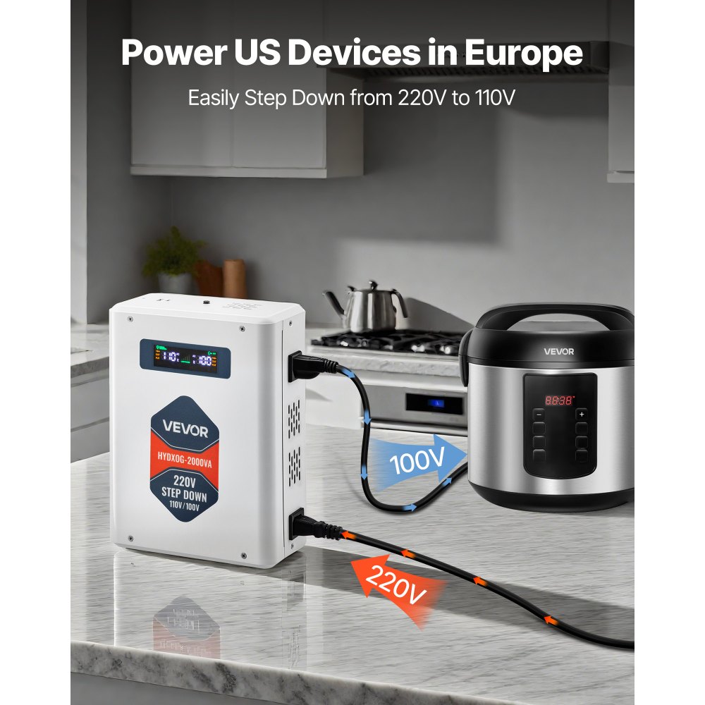 VEVOR Spannungswandler Abwärts, 2000 VA, Hochleistungs-Konverter, 220 V auf 110 V Leistungstransformator, mit 2 US-Steckdosen, USB-Ausgang, LCD-Display, Temperaturschutz, für 110-V-Geräte