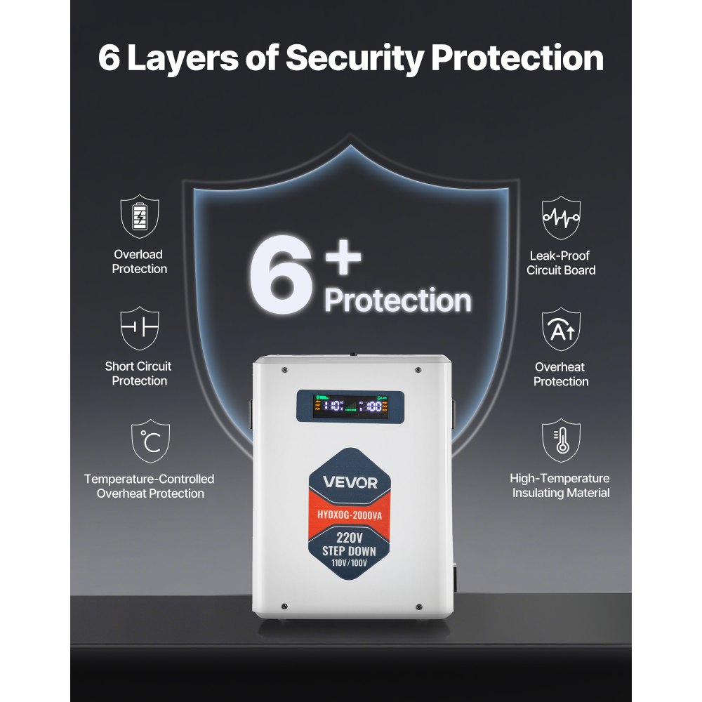VEVOR Spannungswandler Abwärts, 2000 VA, Hochleistungs-Konverter, 220 V auf 110 V Leistungstransformator, mit 2 US-Steckdosen, USB-Ausgang, LCD-Display, Temperaturschutz, für 110-V-Geräte