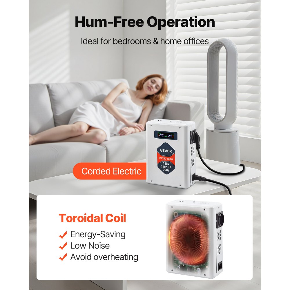 VEVOR Spannungswandler aufwärts, 3000 VA, Hochleistungs-Stromwandler, 110 V auf 220 V Leistungstransformator, mit 2 EU-Steckdosen, USB-Ausgang, LCD-Display, Temperaturschutz, für 220-V-Geräte