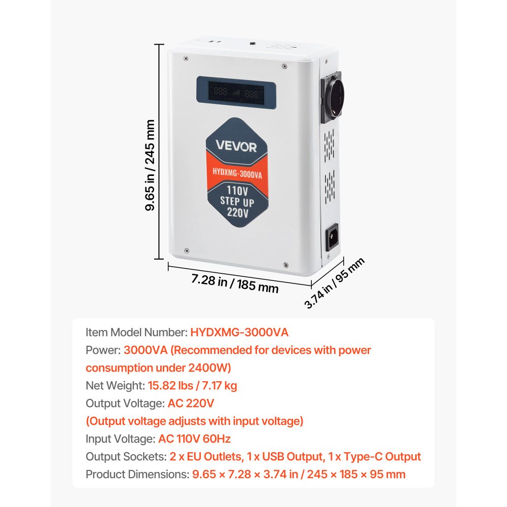VEVOR Spannungswandler aufwärts, 3000 VA, Hochleistungs-Stromwandler, 110 V auf 220 V Leistungstransformator, mit 2 EU-Steckdosen, USB-Ausgang, LCD-Display, Temperaturschutz, für 220-V-Geräte